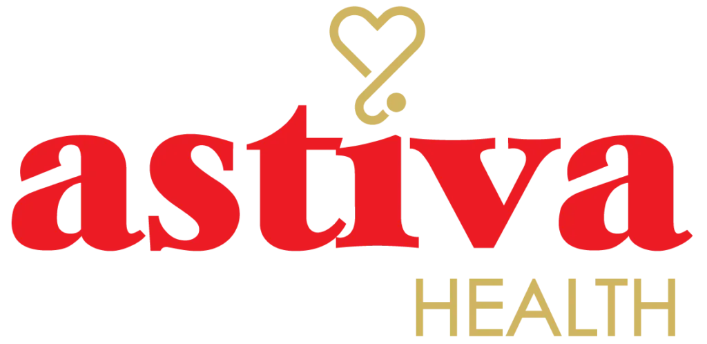 Astiva Health logo with red wordmark and gold heart icon