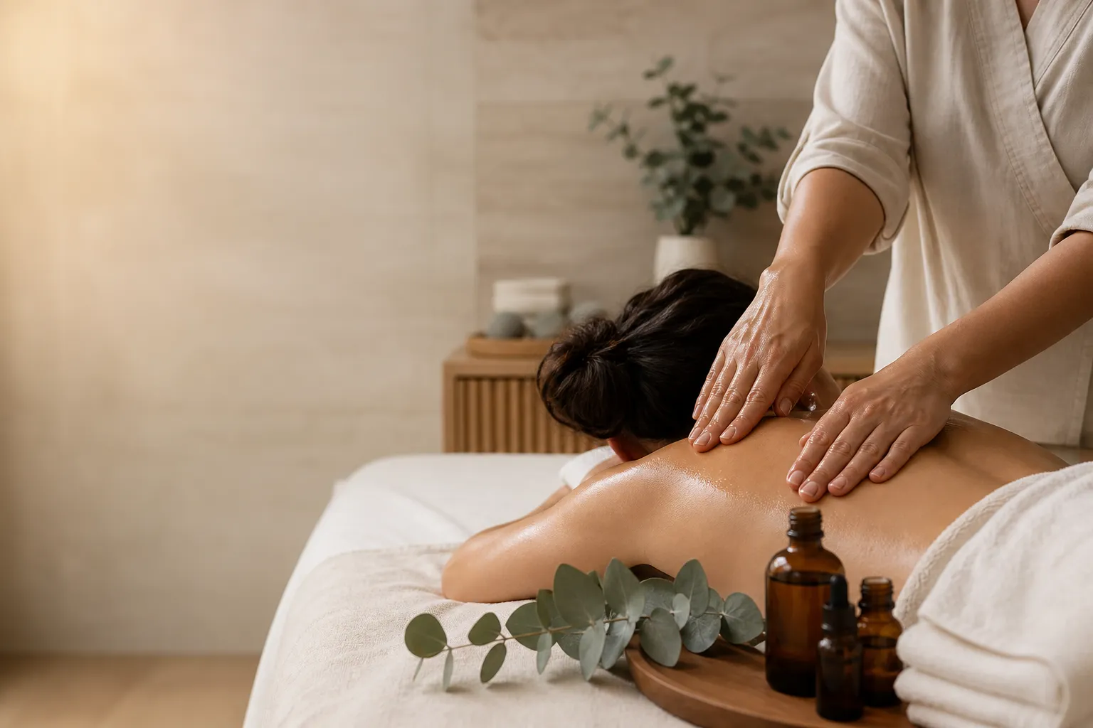Aromatherapy massage in a refined spa setting with aromatic oils, eucalyptus and folded towels