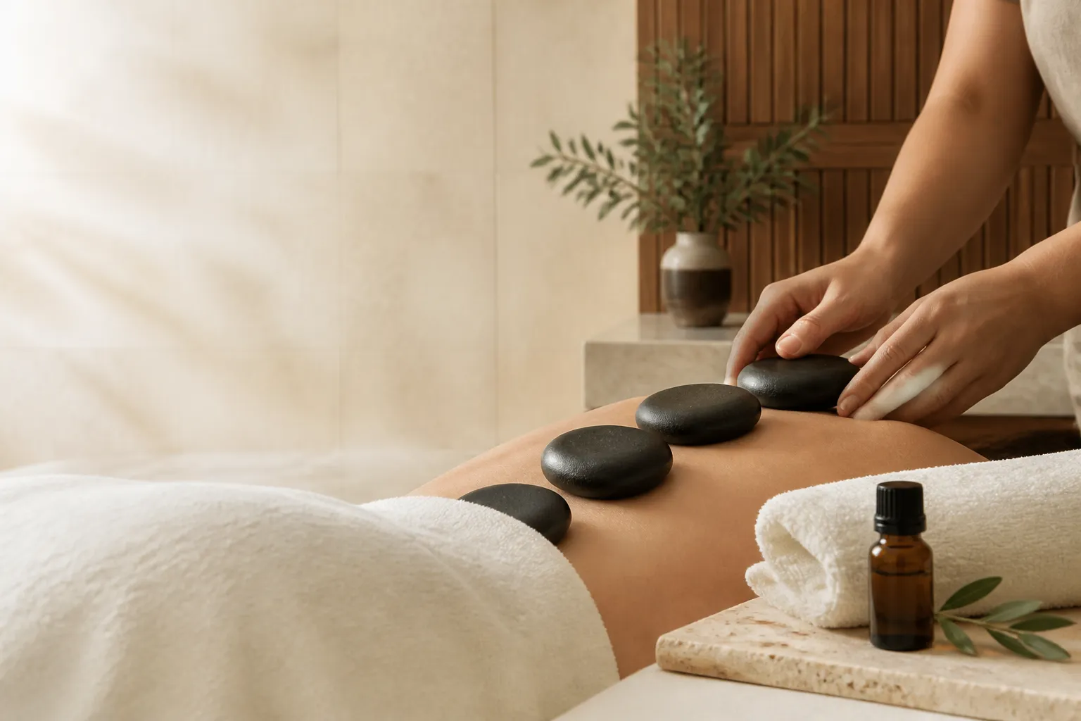 Hot stone massage in a refined spa setting with smooth basalt stones, essential oil and folded towels